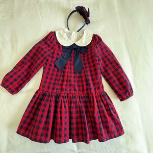 Pettigirl Red & Navy Buffalo Plaid Dress w/ Headband – Size 6